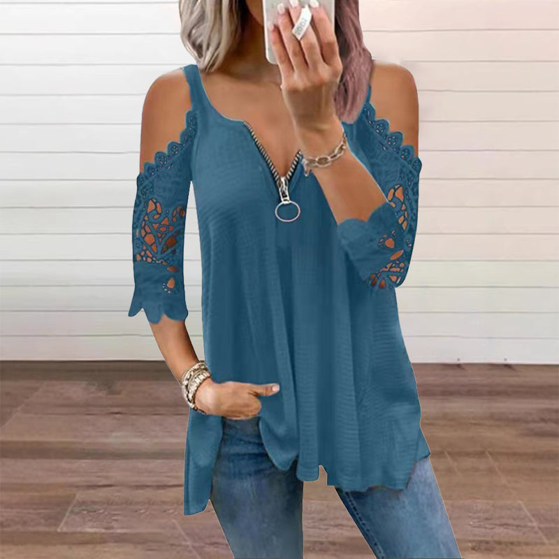 Elena - Lace Cold-Shoulder V-Neck Top