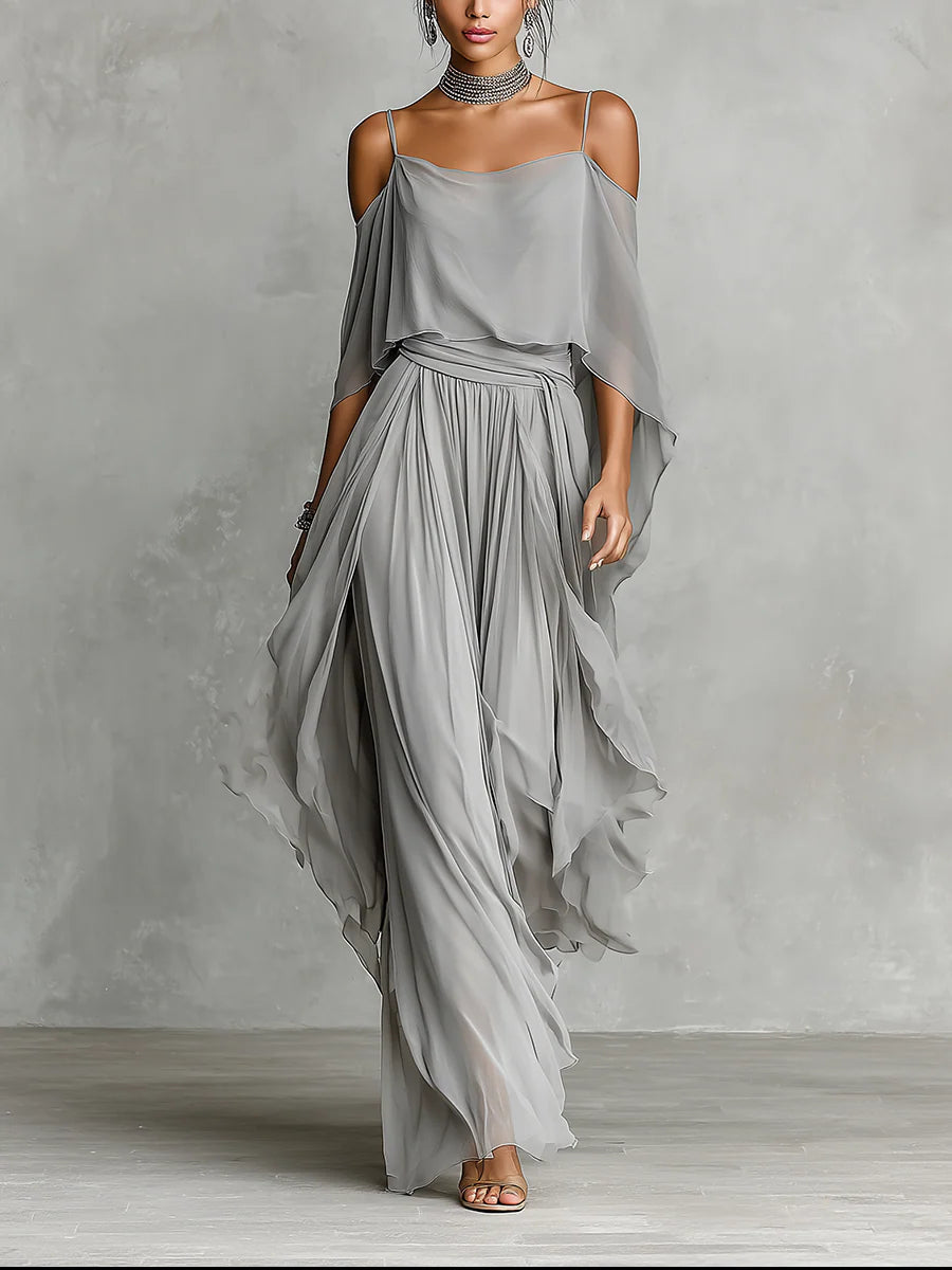 Jasmine - Grey Off-shoulder Flowy Camisole and Trousers Chiffon Set