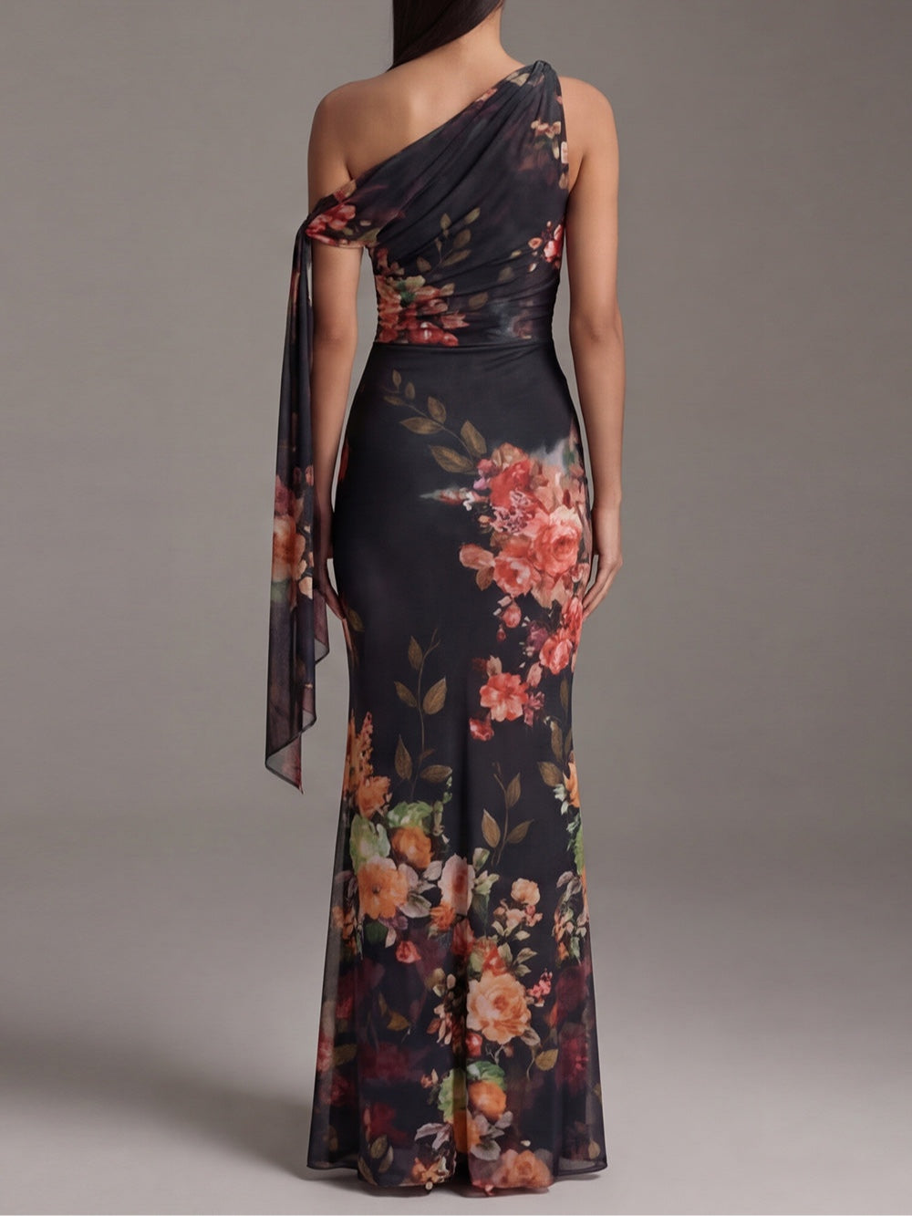Marnie - Black One-Shoulder Printed Pleated Chiffon Maxi Dress