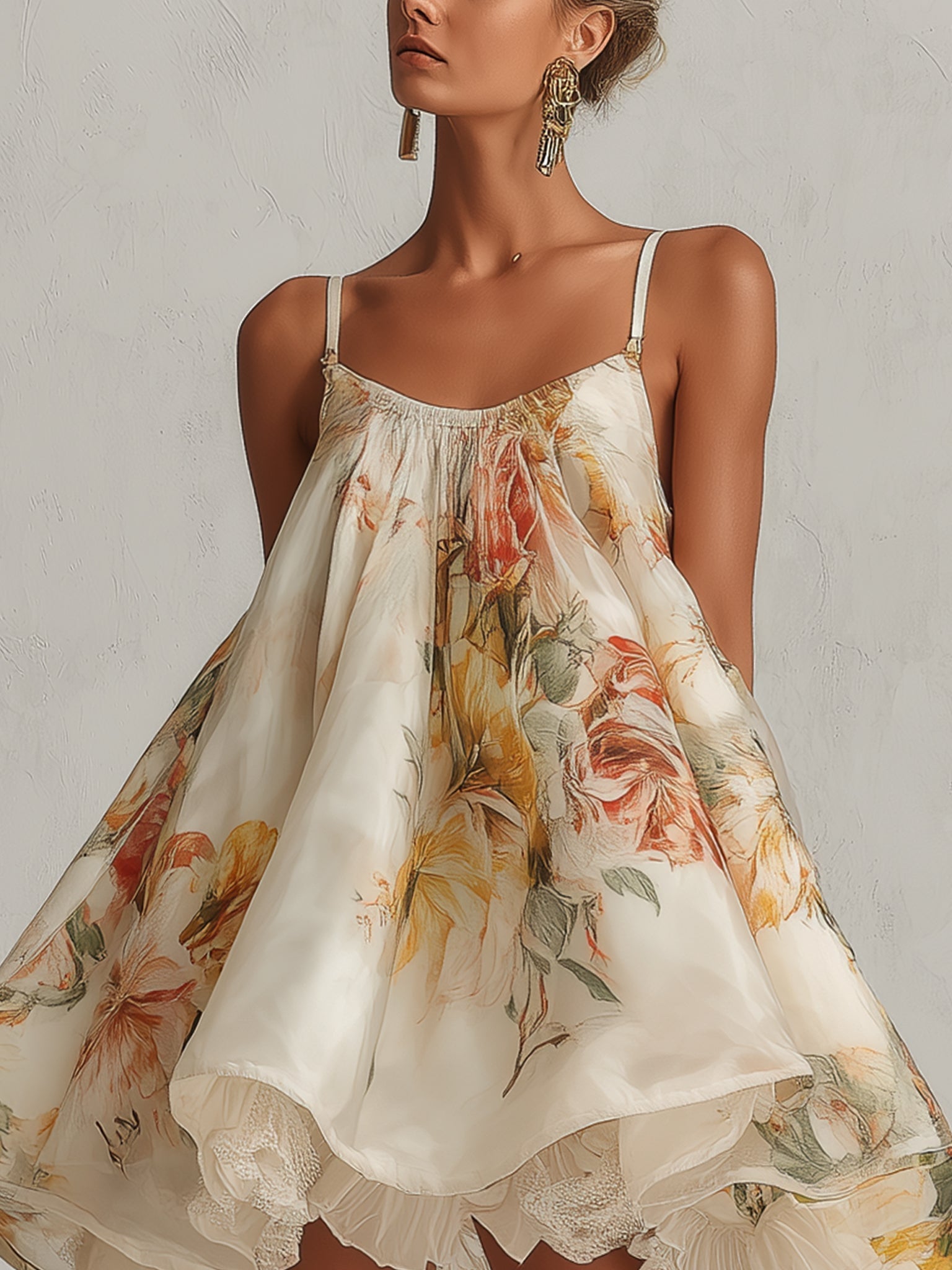 Evangeline – Beige Floral Organza A-Line Mini Dress with Lace Trim