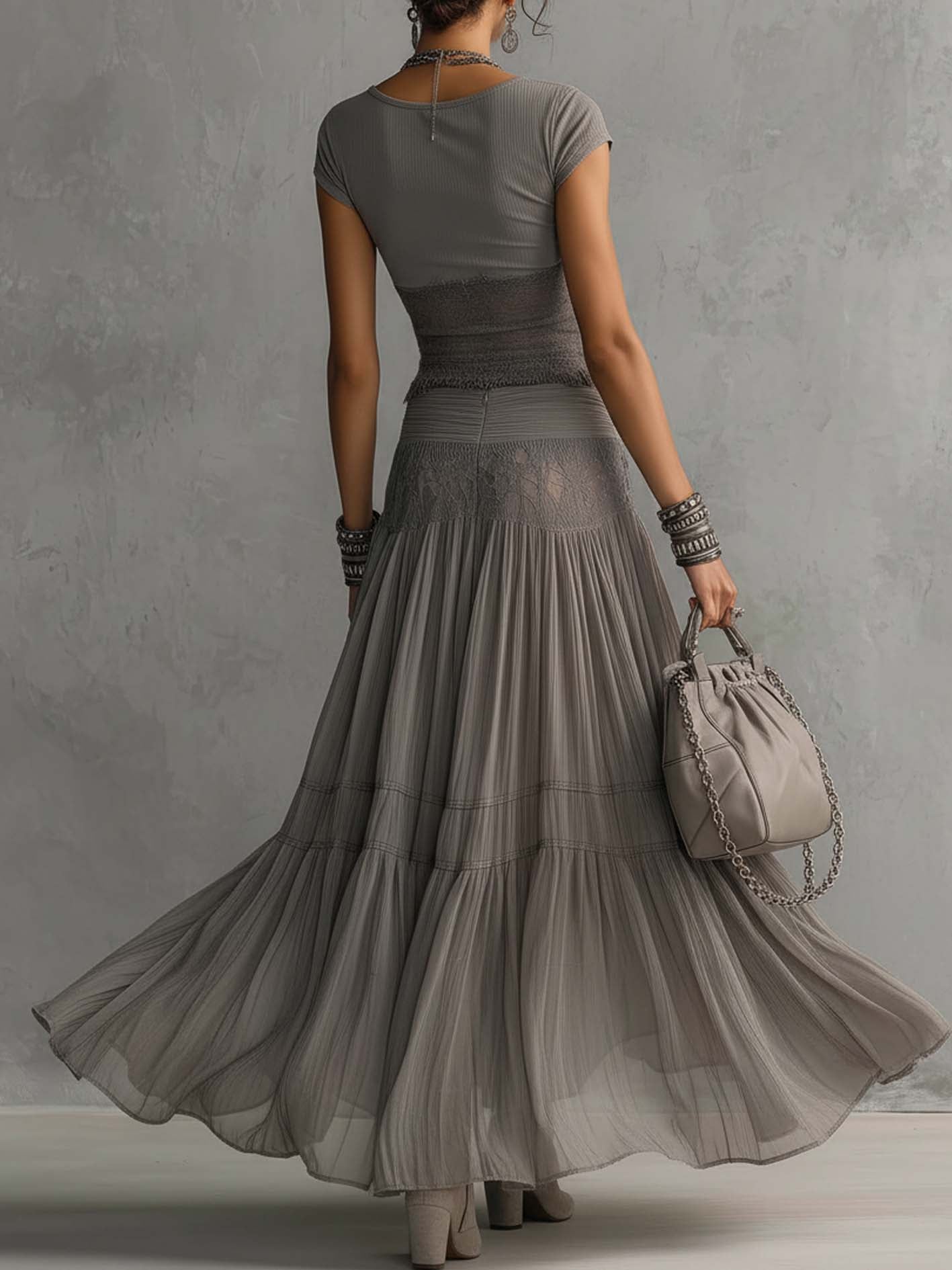 Casey - Grey Sheer Lace-Paneled Top and Pleated Maxi Skirt Set