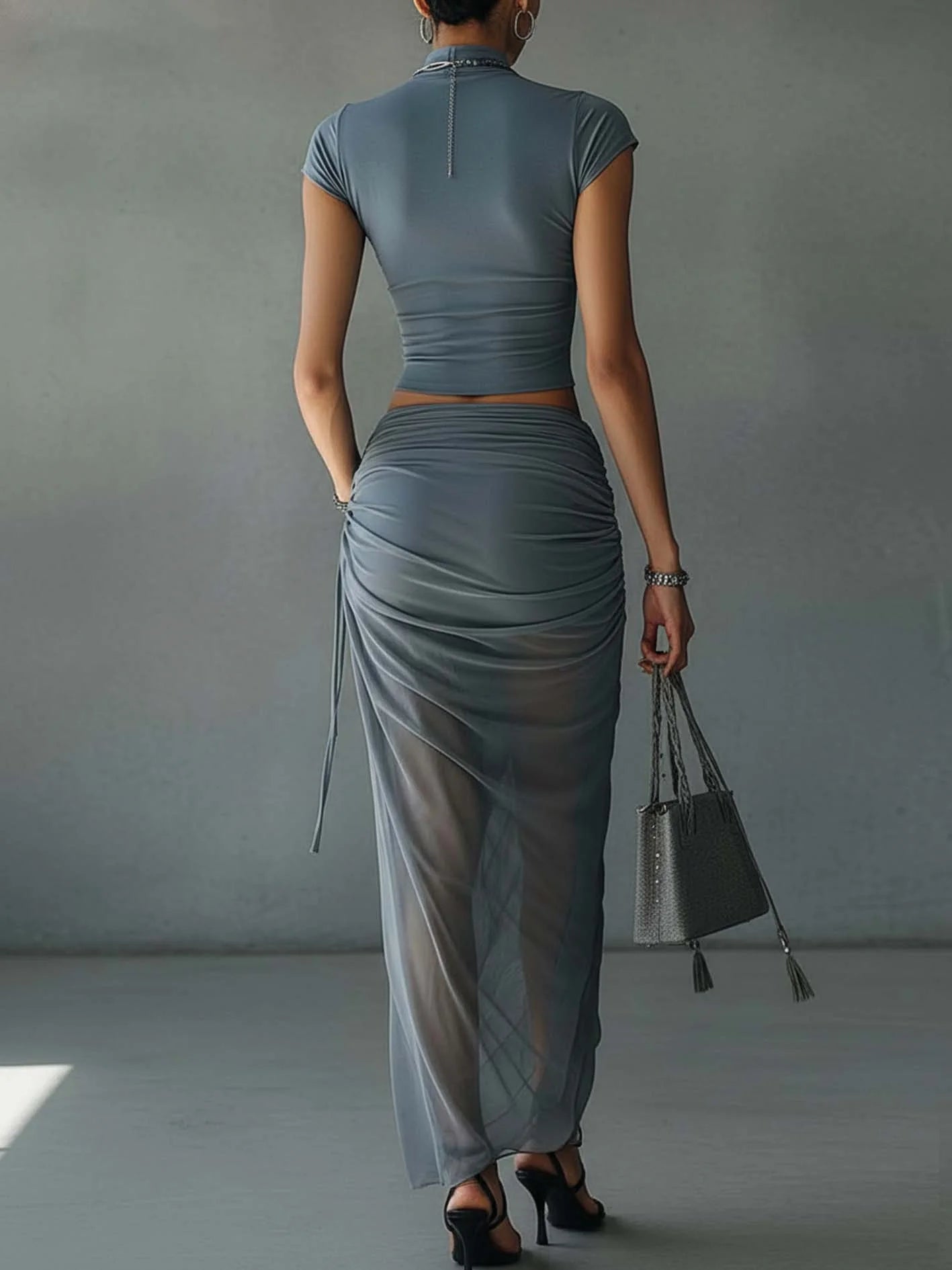 Elin - Blue Cropped T-Shirt and Sheer Mesh Draped Skirt Set
