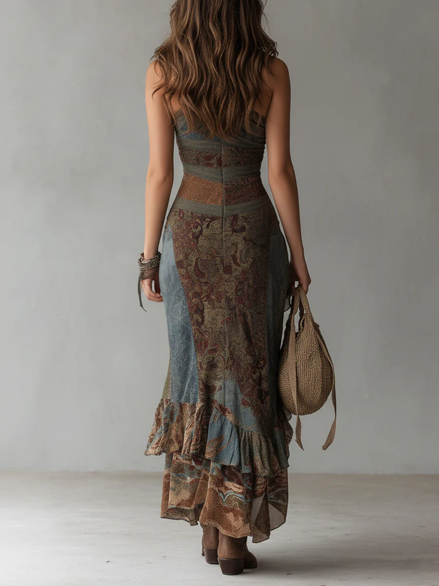 Alicia - Ethnic-Style Printed One-Shoulder Maxi Dress with High Slit