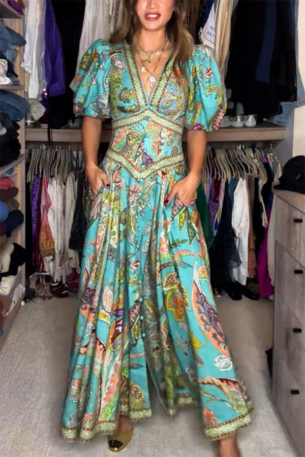 Paisley - Airy Maxi Dress with Puff Sleeves and V-neck