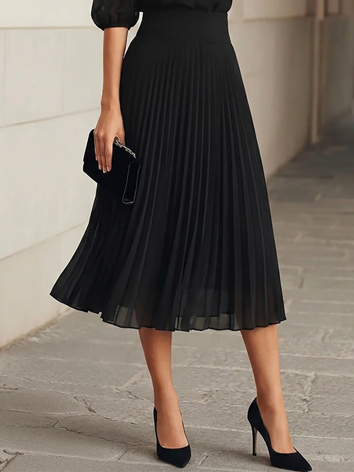 Althea – Three-Piece Black Chiffon Top and Pleated Midi Skirt Set