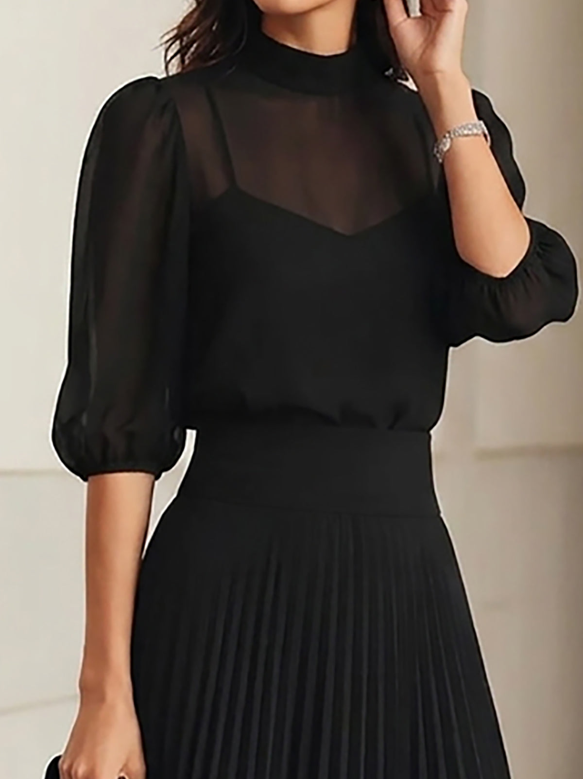 Althea – Three-Piece Black Chiffon Top and Pleated Midi Skirt Set