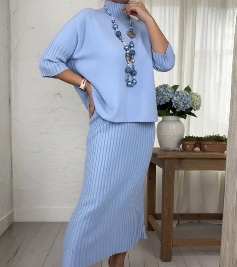Aisha – Knitted Two-Piece Set with Ribbed Midi Skirt