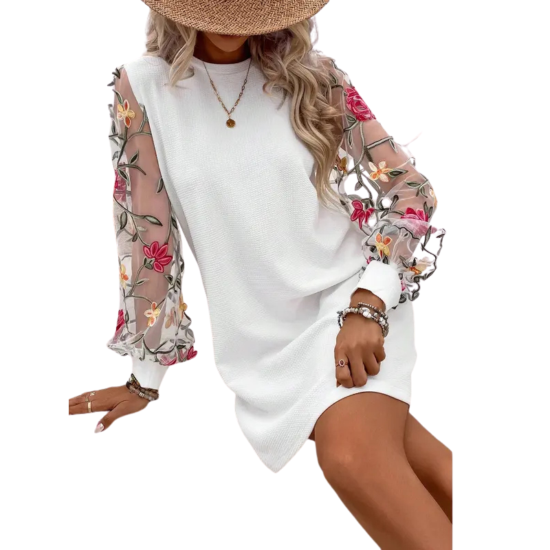 Elara – Floral Embroidered Bishop Sleeve Dress