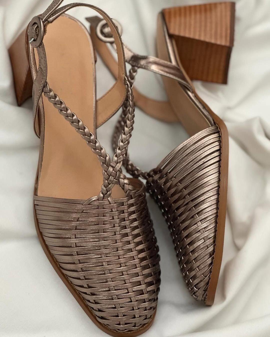 Henrietta – Champagne Metallic Woven Strappy Block Heels