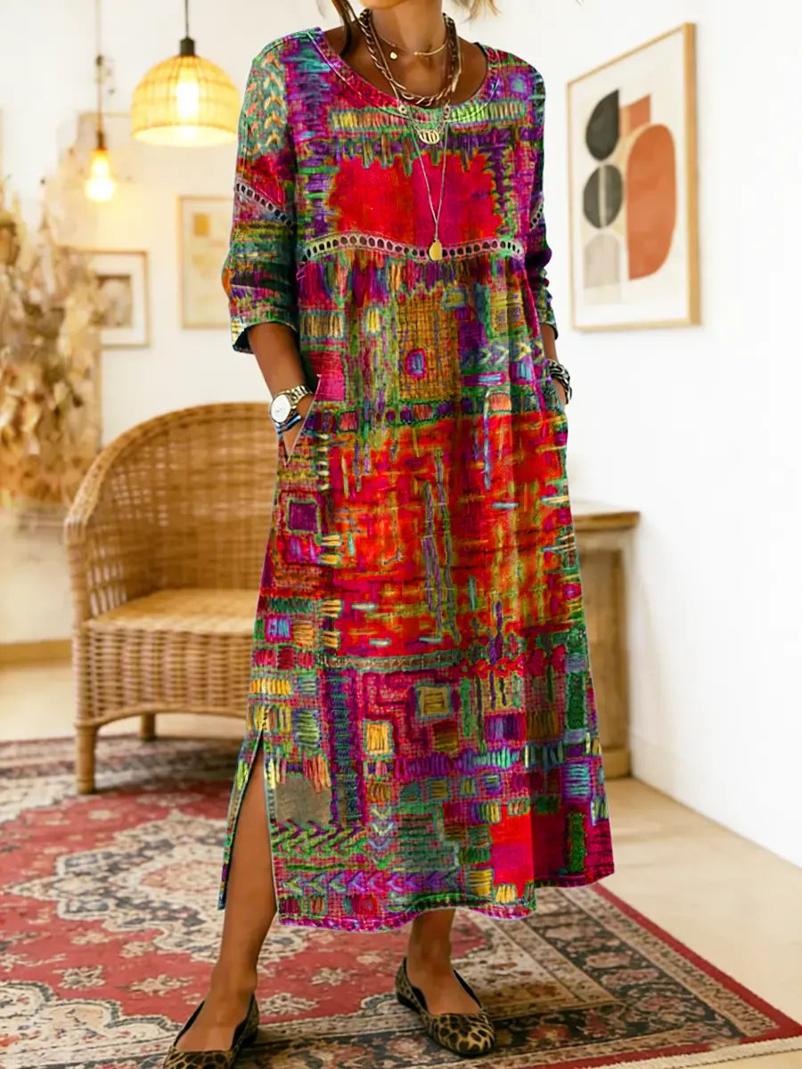 Zinnia - Printed Dress with Ethnic Patchwork