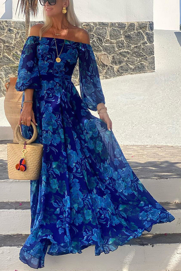 Sybil - Long Dress with Floral Print and Off-Shoulder Sleeves