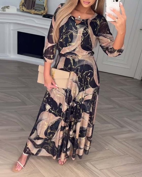 Aurora – Printed Chiffon Maxi Dress with Three-Quarter Sleeves