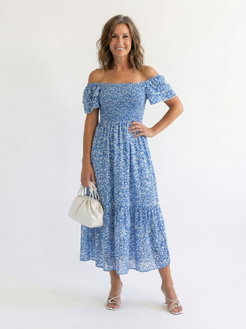 Primrose – Off-Shoulder Floral Shirred Midi Dress