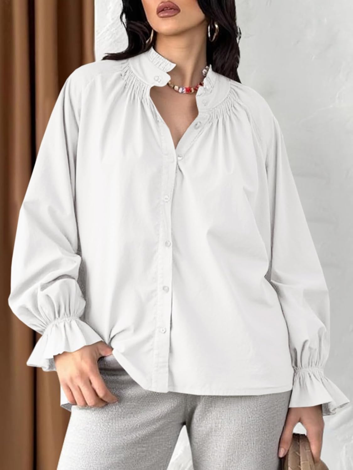 Dulcie - Oversized Cotton Puff Sleeve Button Down Blouse