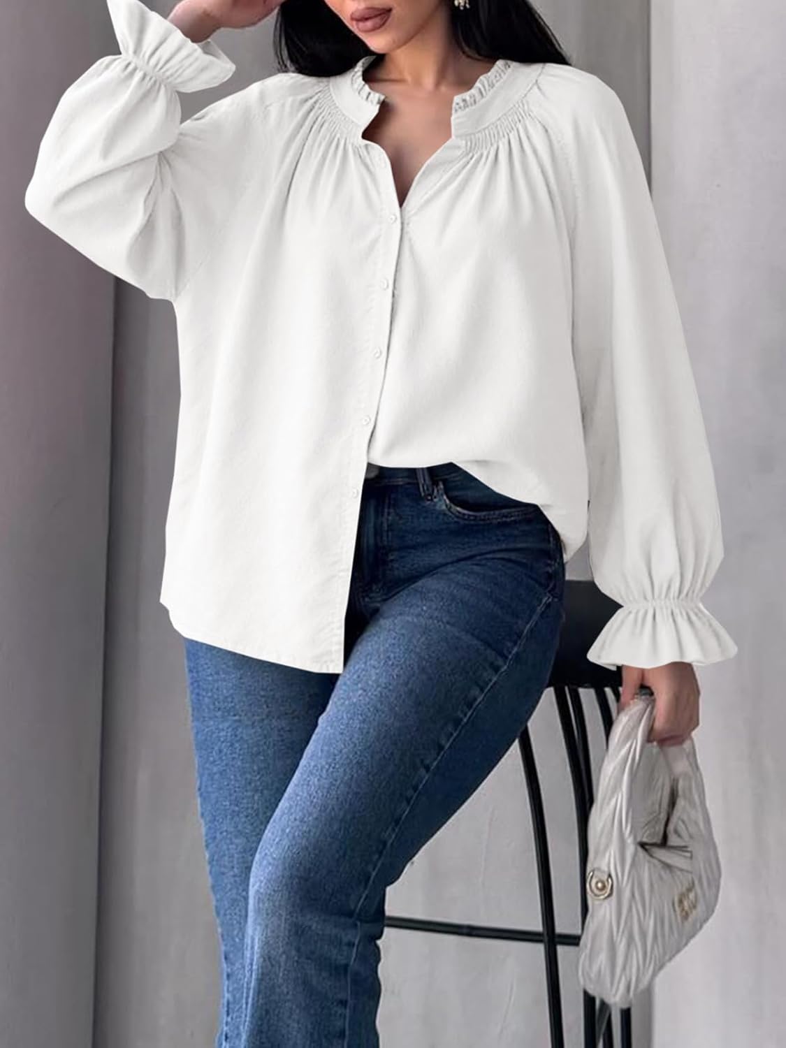 Dulcie - Oversized Cotton Puff Sleeve Button Down Blouse