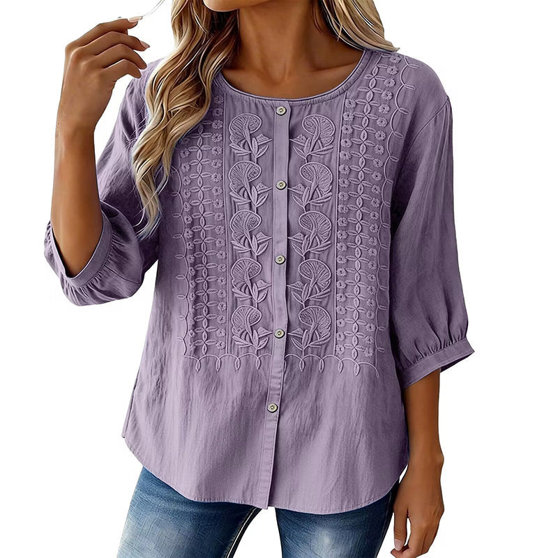 Sarah - Embroidered Cotton and Linen Blouse