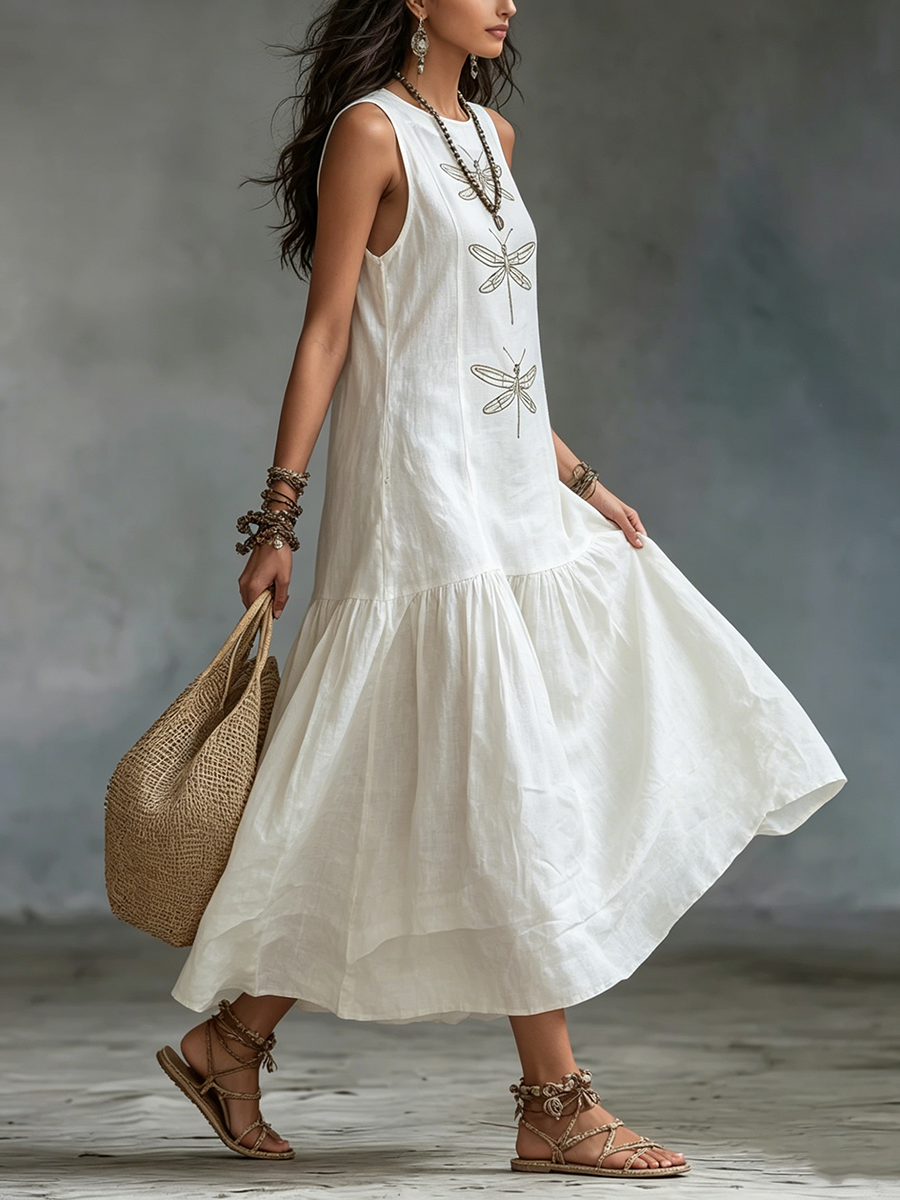 Myla - Sleeveless Dragonfly Linen Dress