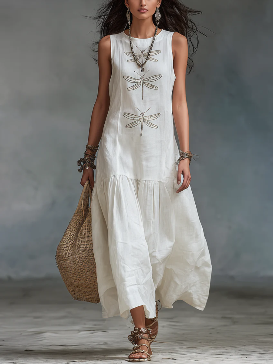 Myla - Sleeveless Dragonfly Linen Dress