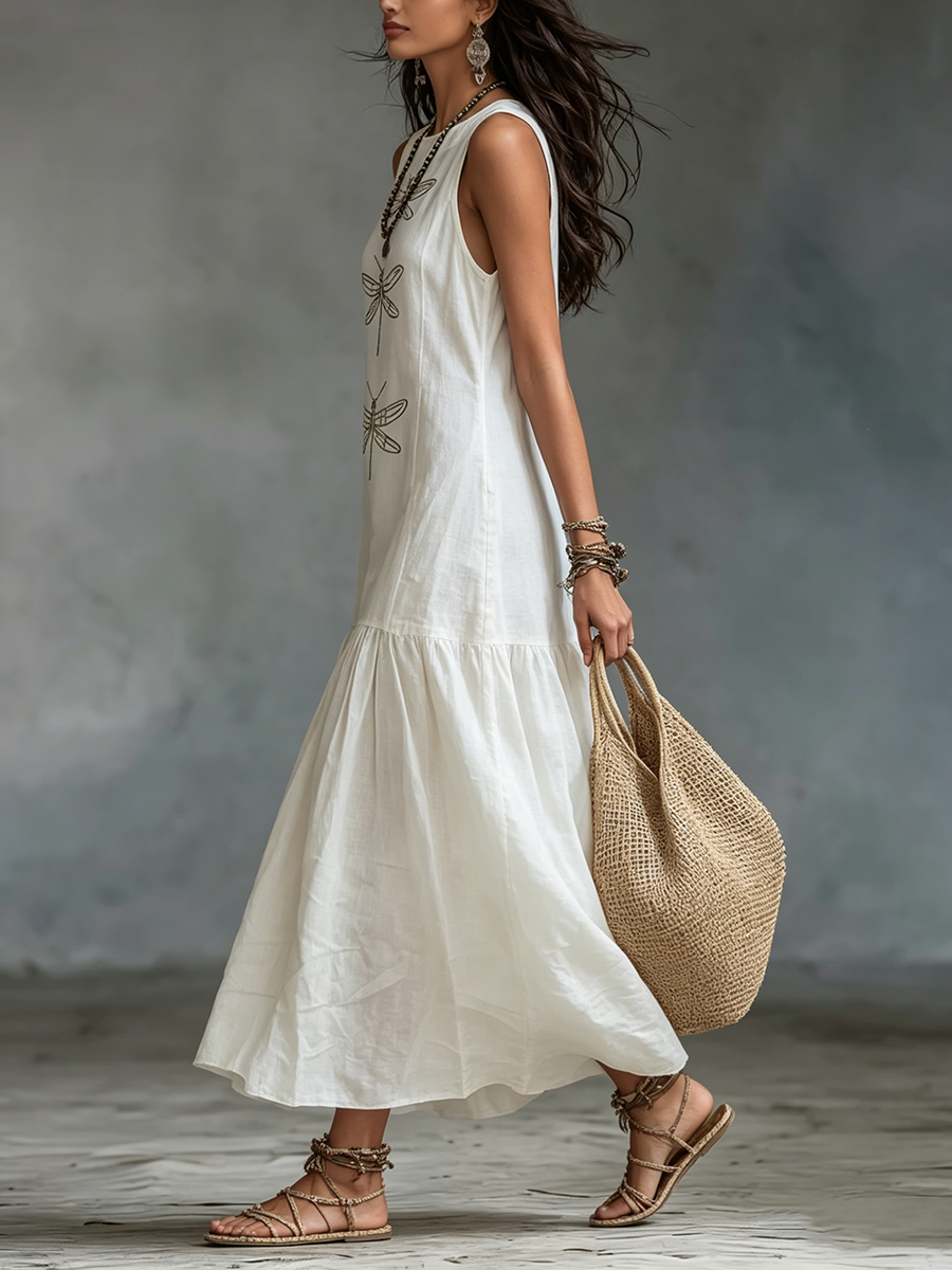 Myla - Sleeveless Dragonfly Linen Dress