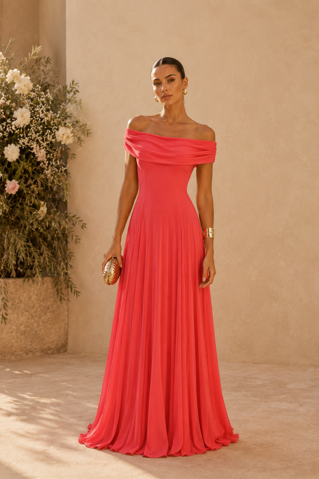 Bridget - Coral Bardot Maxi Dress