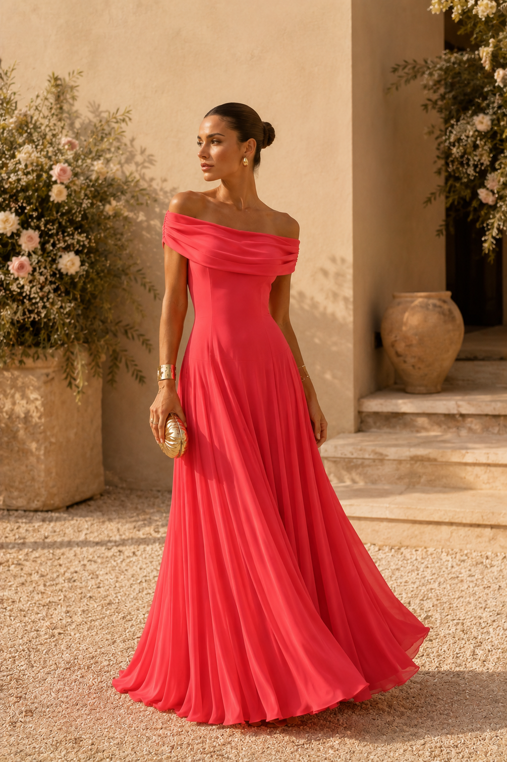 Bridget - Coral Bardot Maxi Dress
