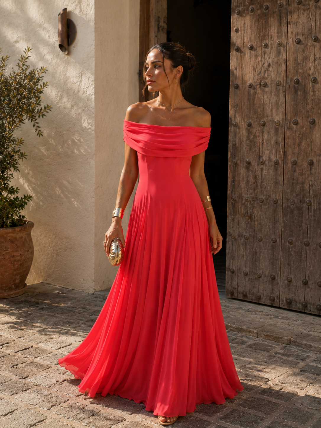 Bridget - Coral Bardot Maxi Dress