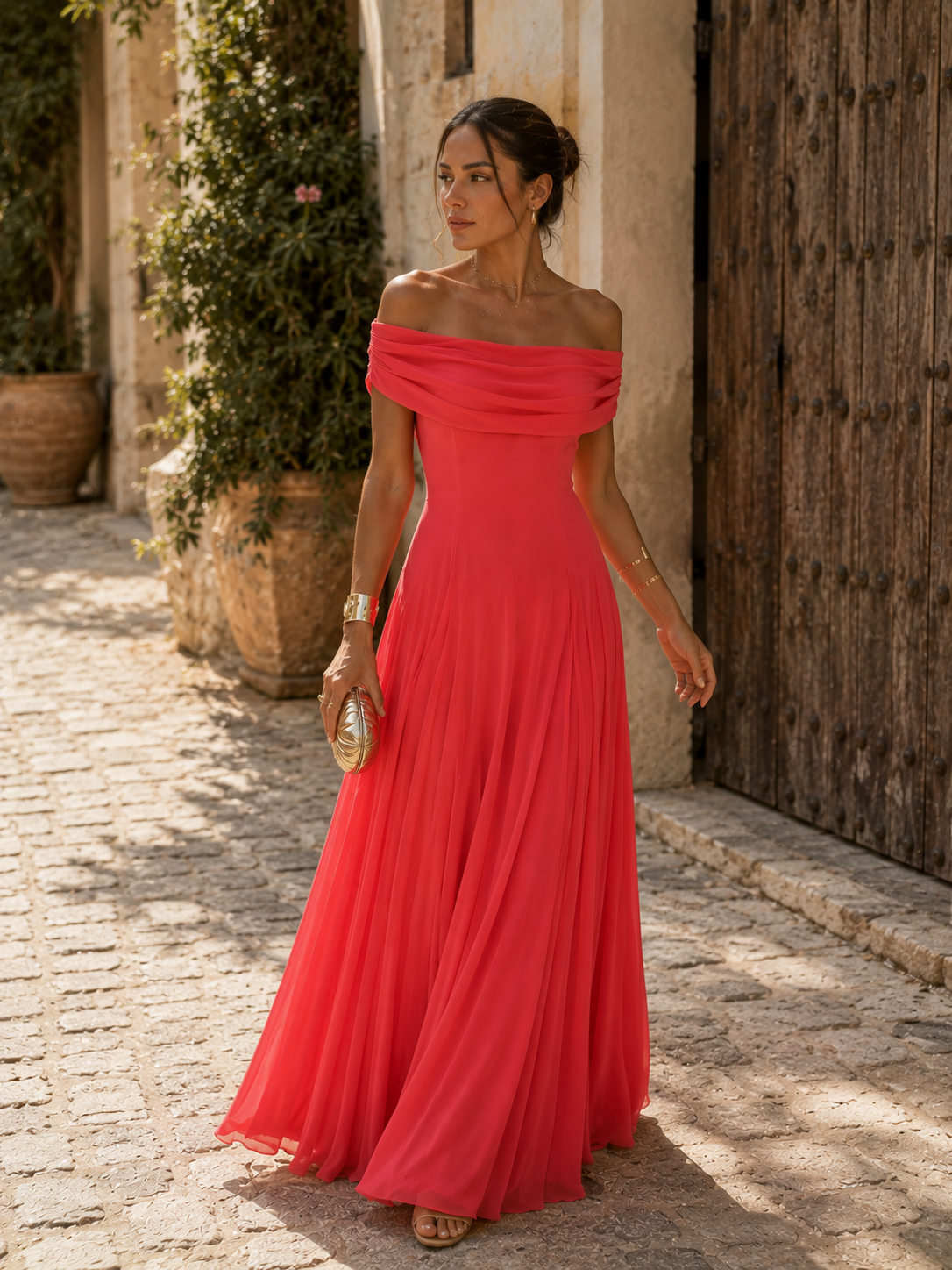 Bridget - Coral Bardot Maxi Dress
