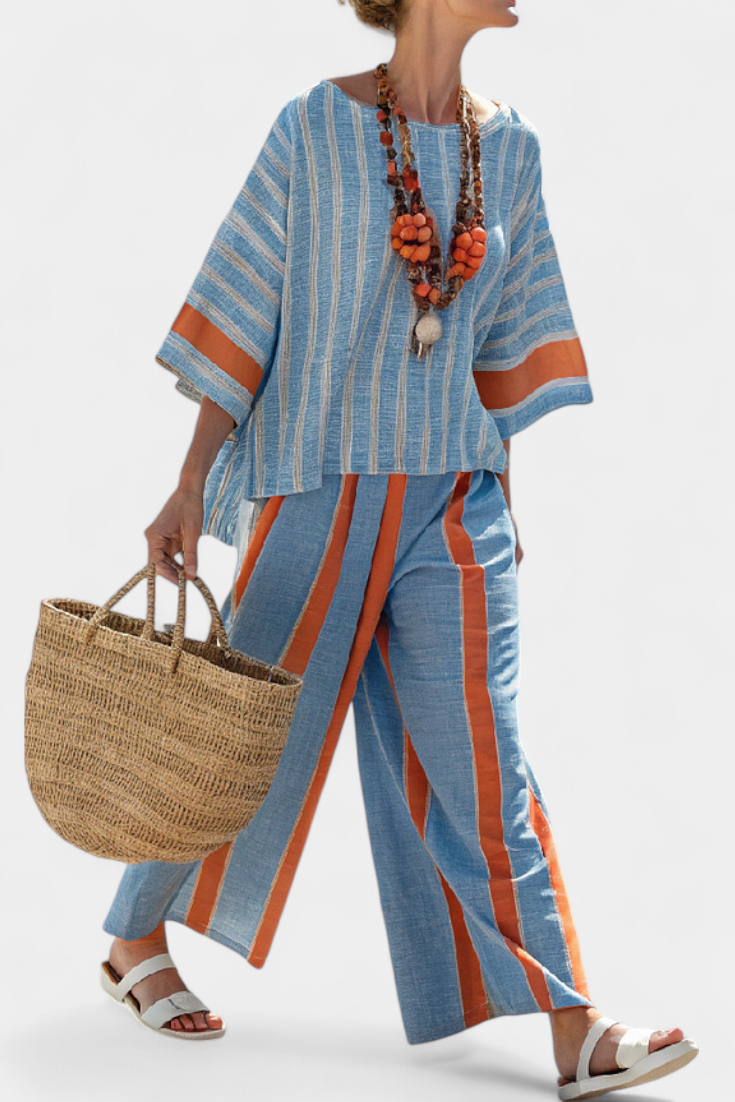 Lyra – Sophisticated Terracotta Striped Top and Linen Trousers