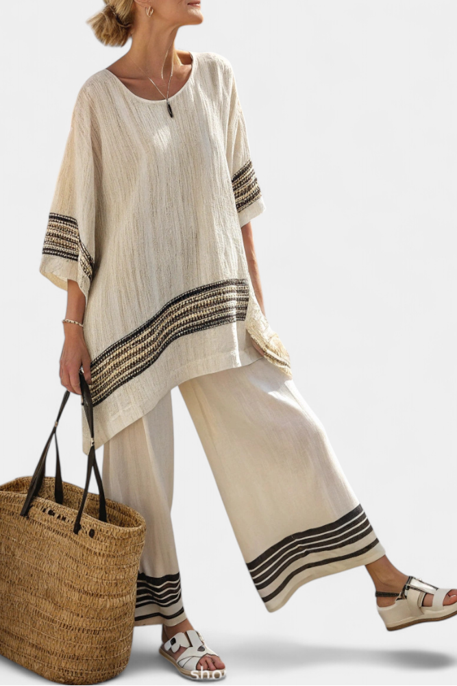 Harriet – Elegant Black-Striped Linen Top and Flowing Trousers