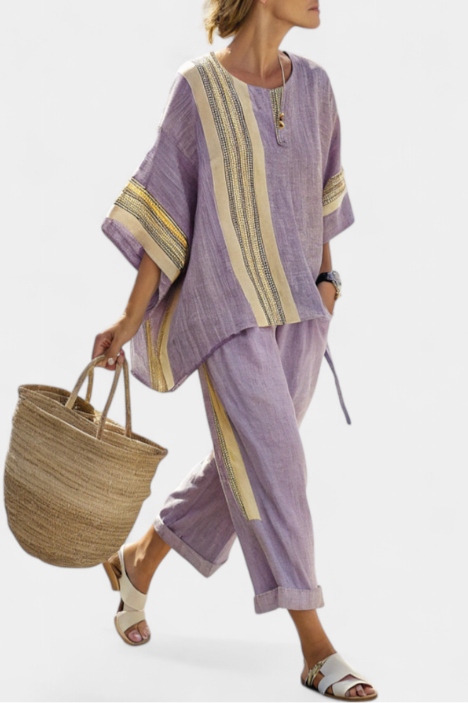 Lucinda – Elegant Lavender Top and Mustard Striped Trousers