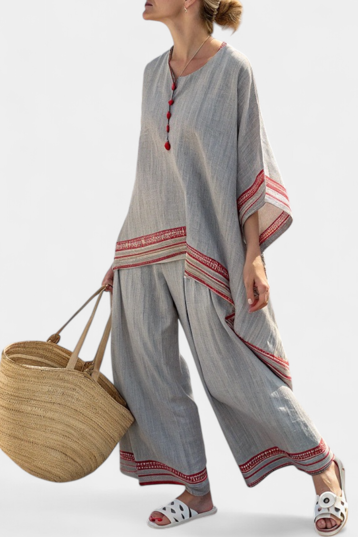 Brielle – Sophisticated Asymmetric Blouse and Wide-Leg Ethnic Trousers