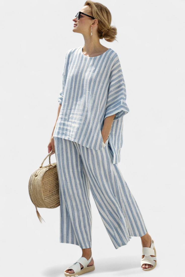 Felicity – Sophisticated Blue Striped Linen Top and Relaxed Trousers