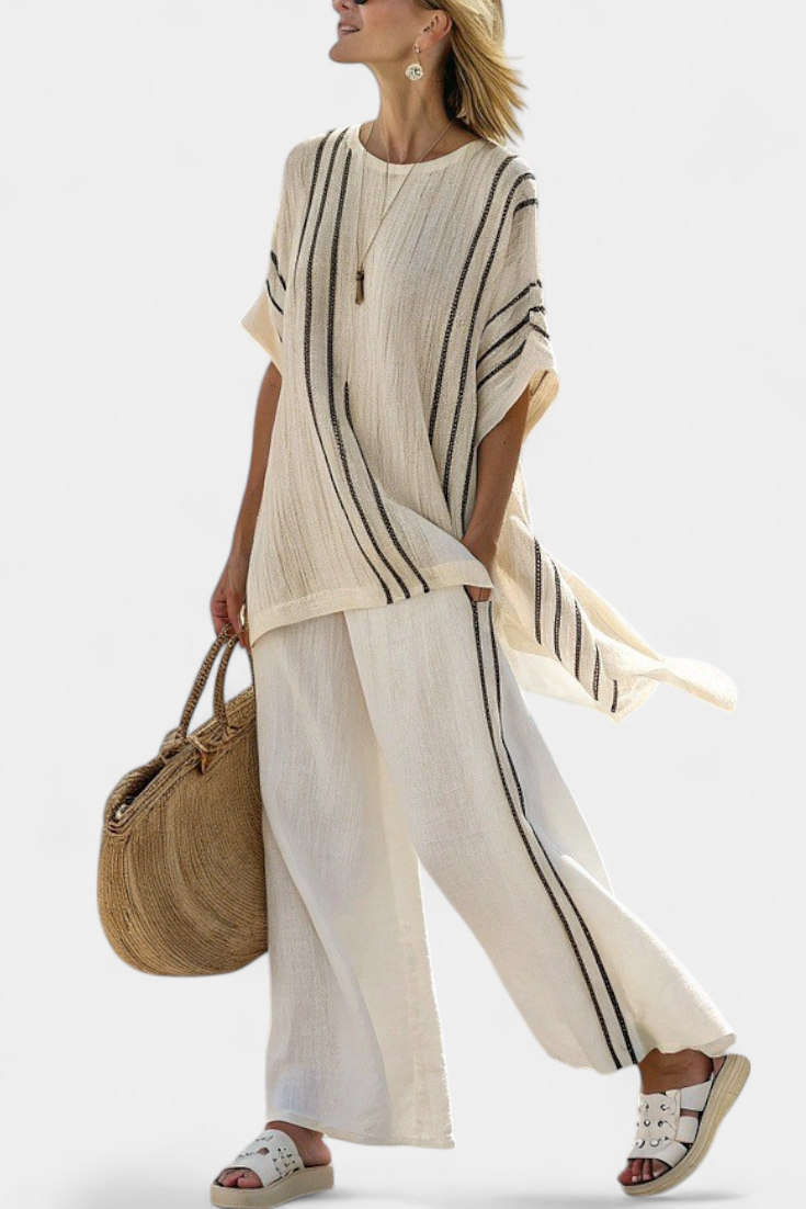 Rosalind – Elegant Ivory Linen Blouse and Black Striped Trousers