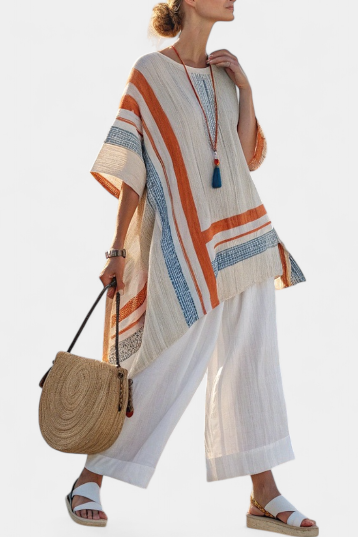 Jessamine – Sophisticated Asymmetric Blouse and Wide-Leg Linen Trousers