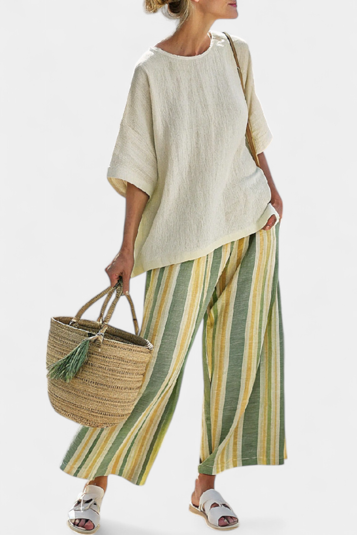 Cecily – Sophisticated Top and Striped Linen Trousers