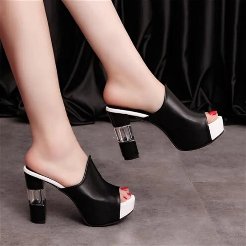 Maya – Clear Block Heel Peep-Toe Mules