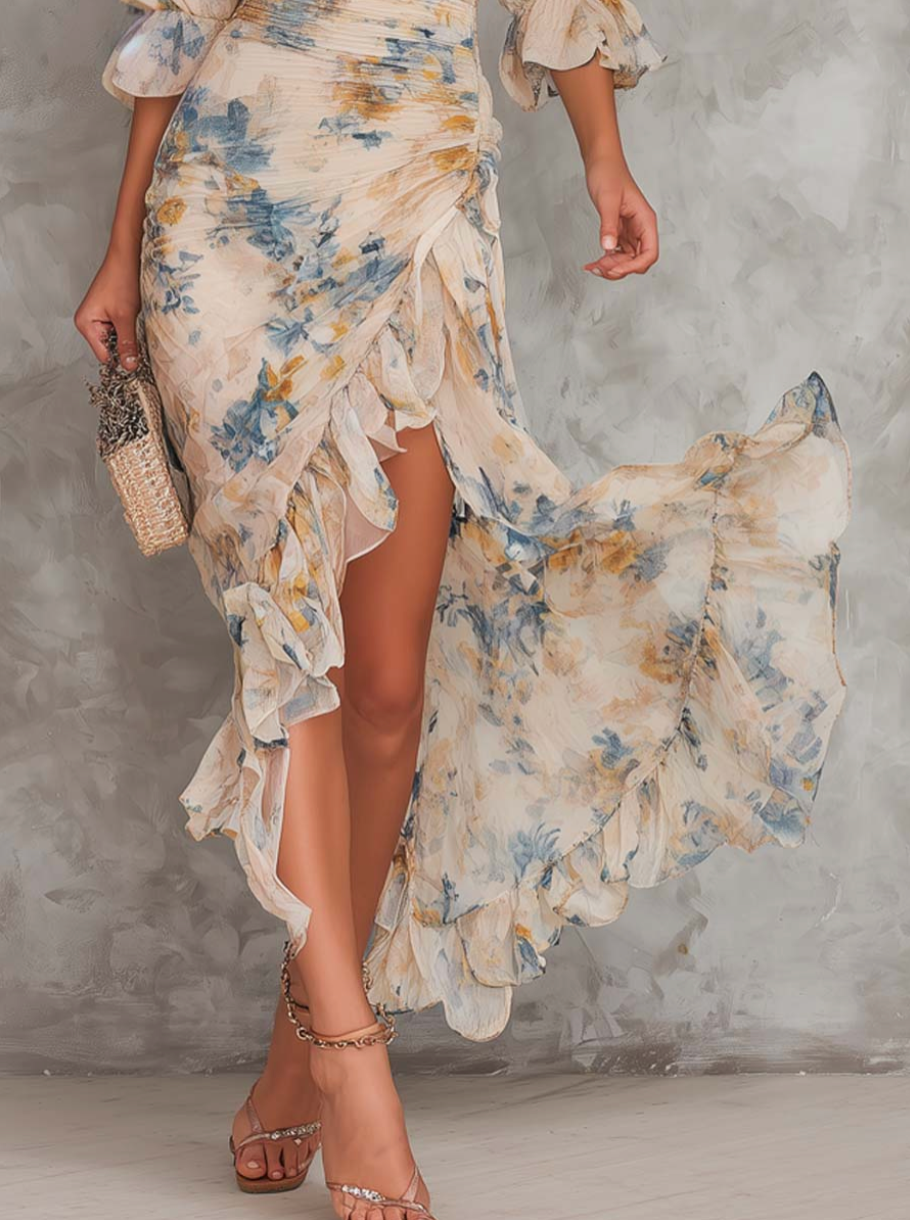 Ciara - Beige Turtleneck Oil Painting Floral Print Irregular Chiffon Maxi Dress
