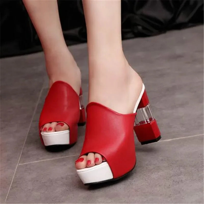 Maya – Clear Block Heel Peep-Toe Mules