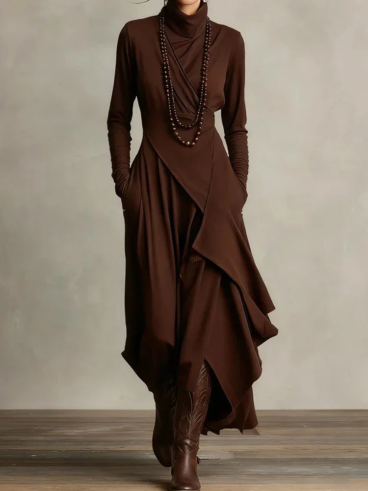 Natalia – Asymmetric Maxi Knit Dress with Turtleneck