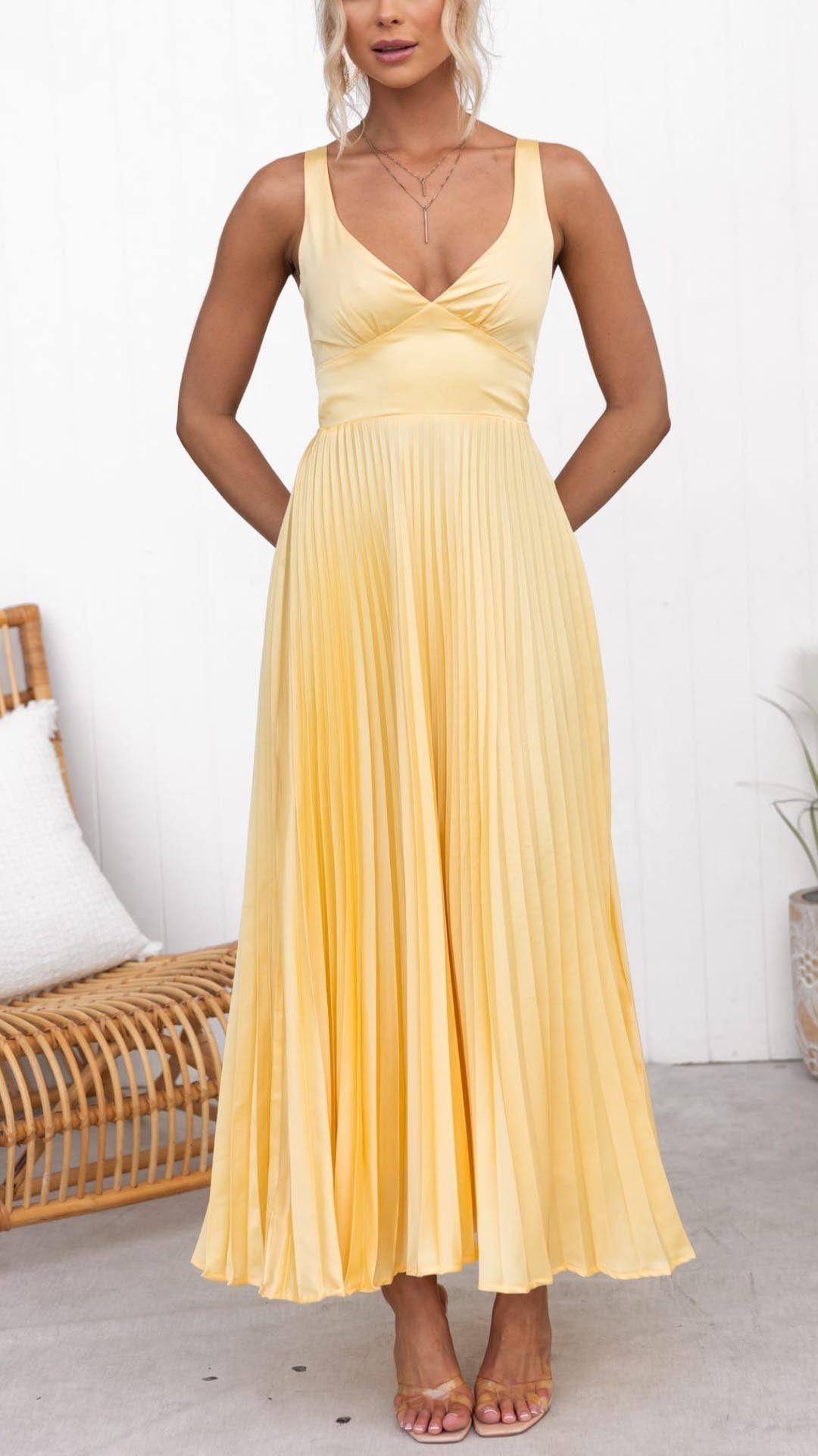 Victoria - Pleated V-Neck Maxi Dress