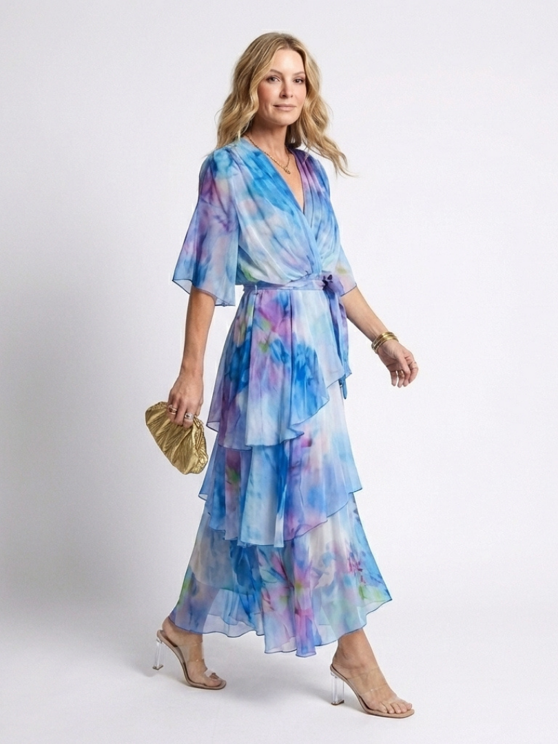 Georgie – Sheer Layered V-Neck Maxi Dress with Tie Waist