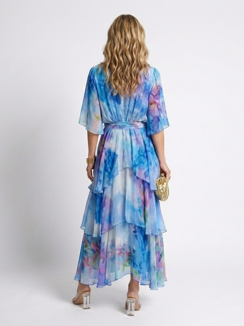 Georgie – Sheer Layered V-Neck Maxi Dress with Tie Waist
