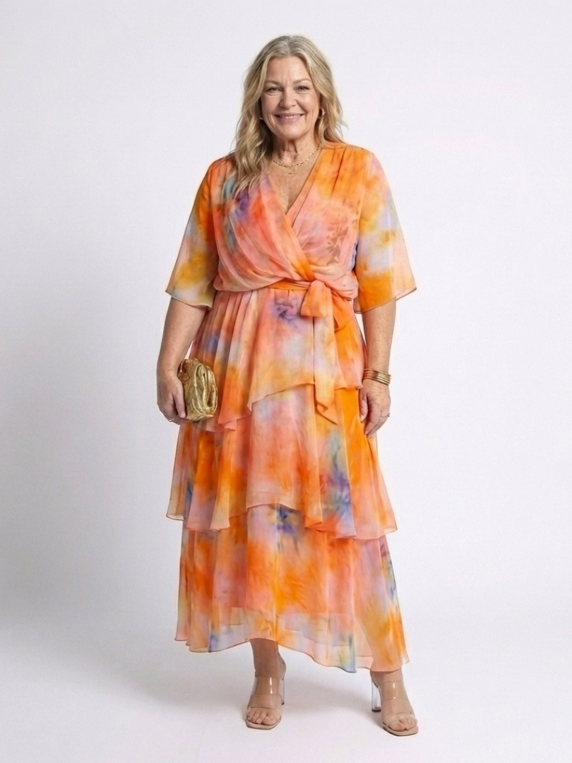 Georgie – Sheer Layered V-Neck Maxi Dress with Tie Waist