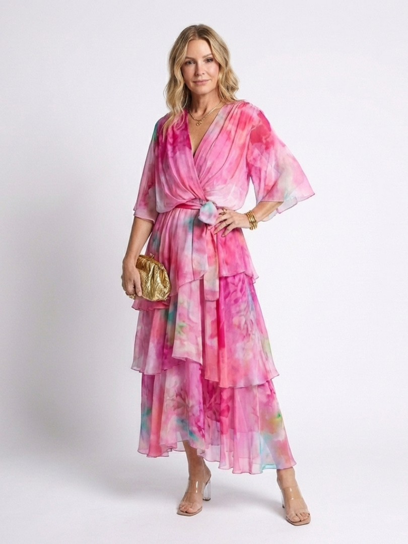 Georgie – Sheer Layered V-Neck Maxi Dress with Tie Waist