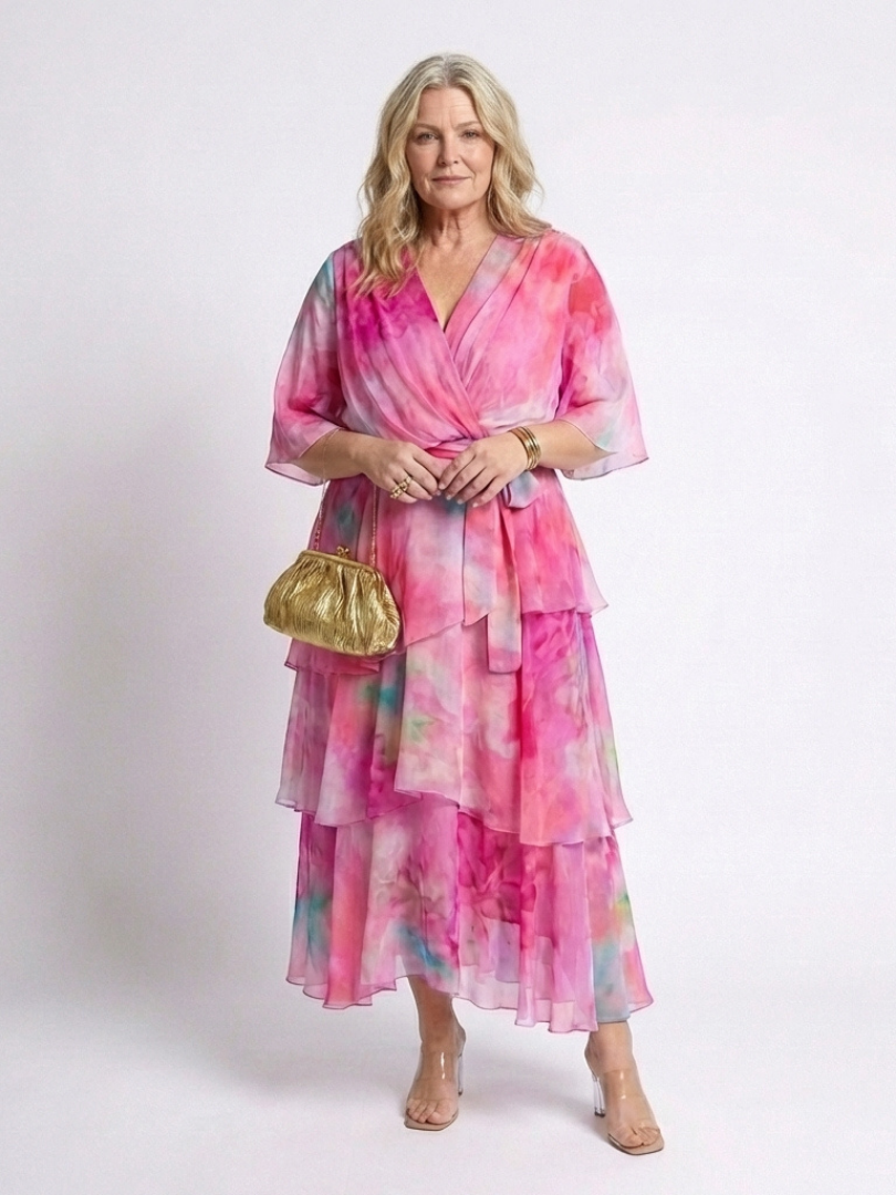 Georgie – Sheer Layered V-Neck Maxi Dress with Tie Waist