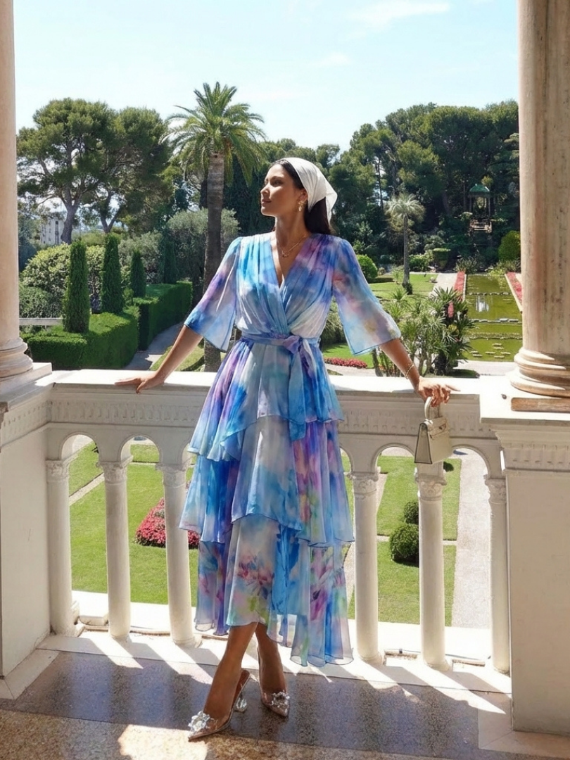 Georgie – Sheer Layered V-Neck Maxi Dress with Tie Waist