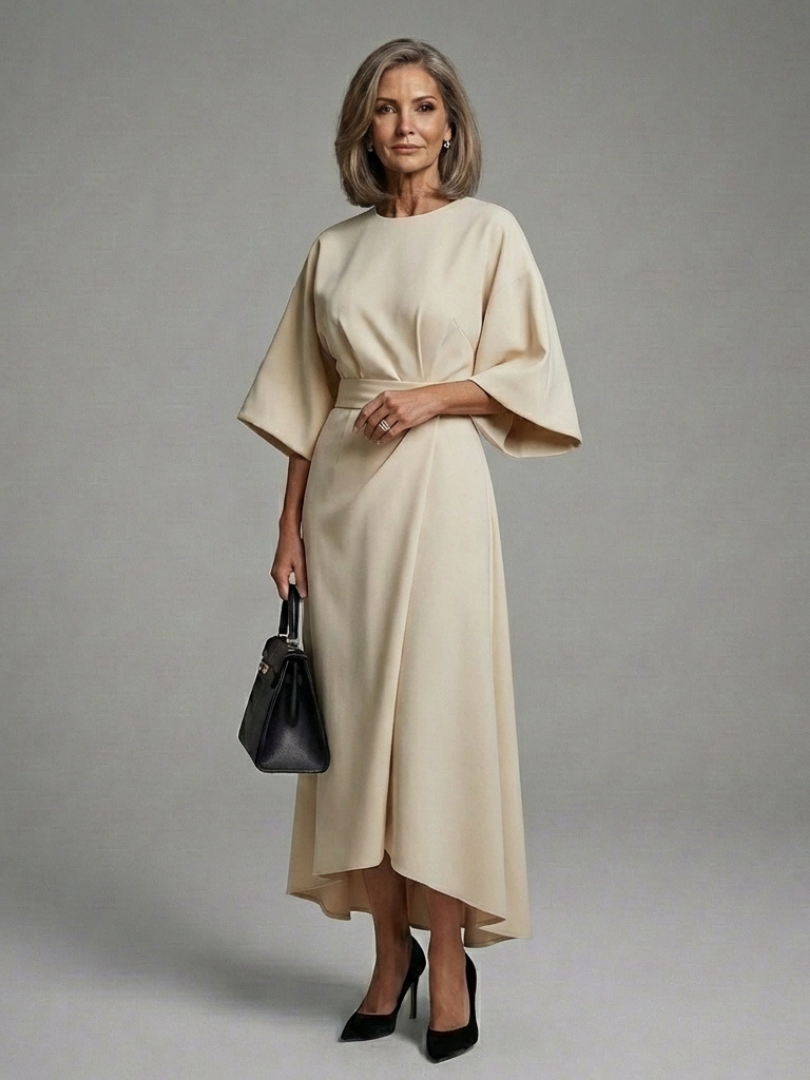 Eira - Asymmetrical Midi Dress with Coat Sleeves and Defined Waist