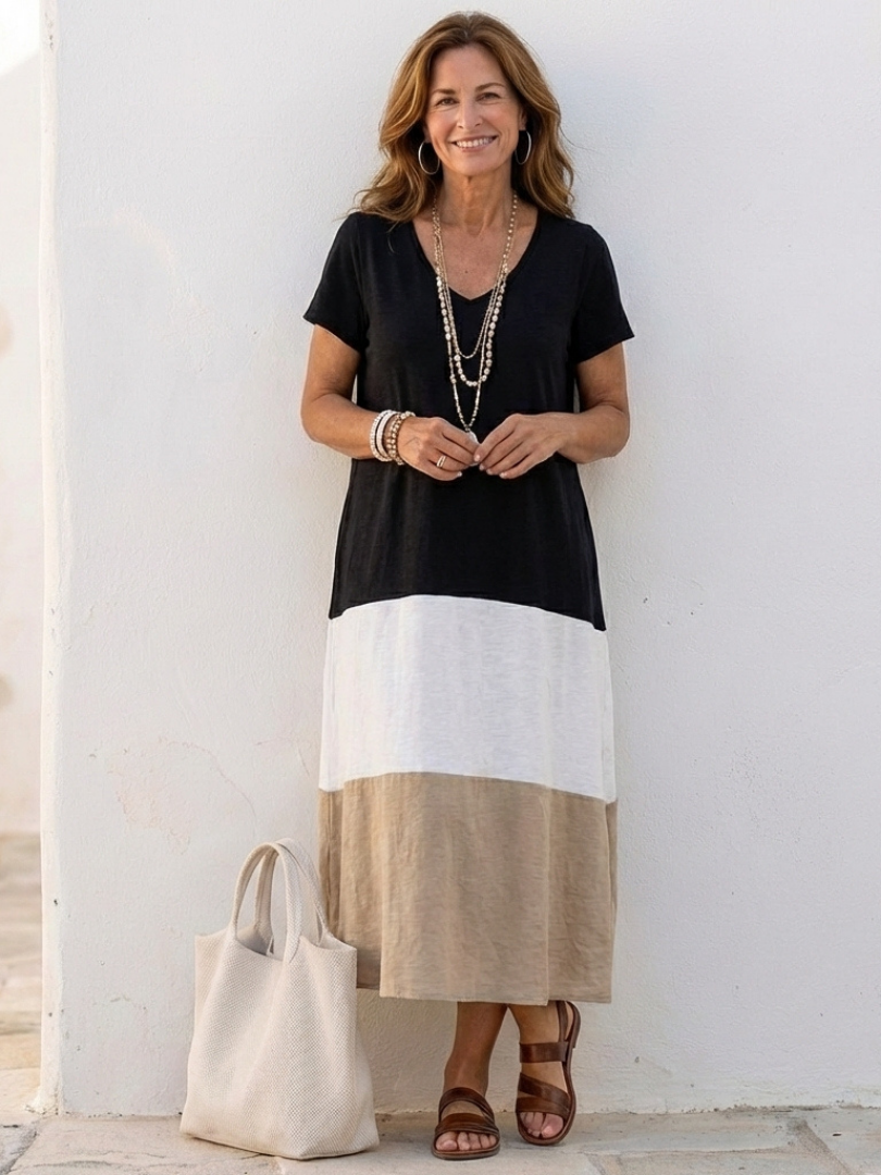 Zella - Short Sleeve Color Block V-Neck Midi Dress