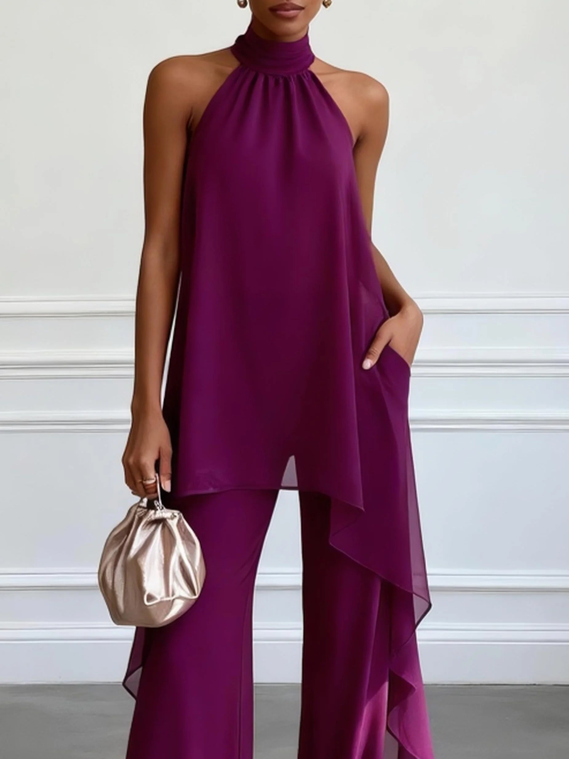 Julia - Purple Halter Sleeveless Elegant Top With Pants Two-Piece Set