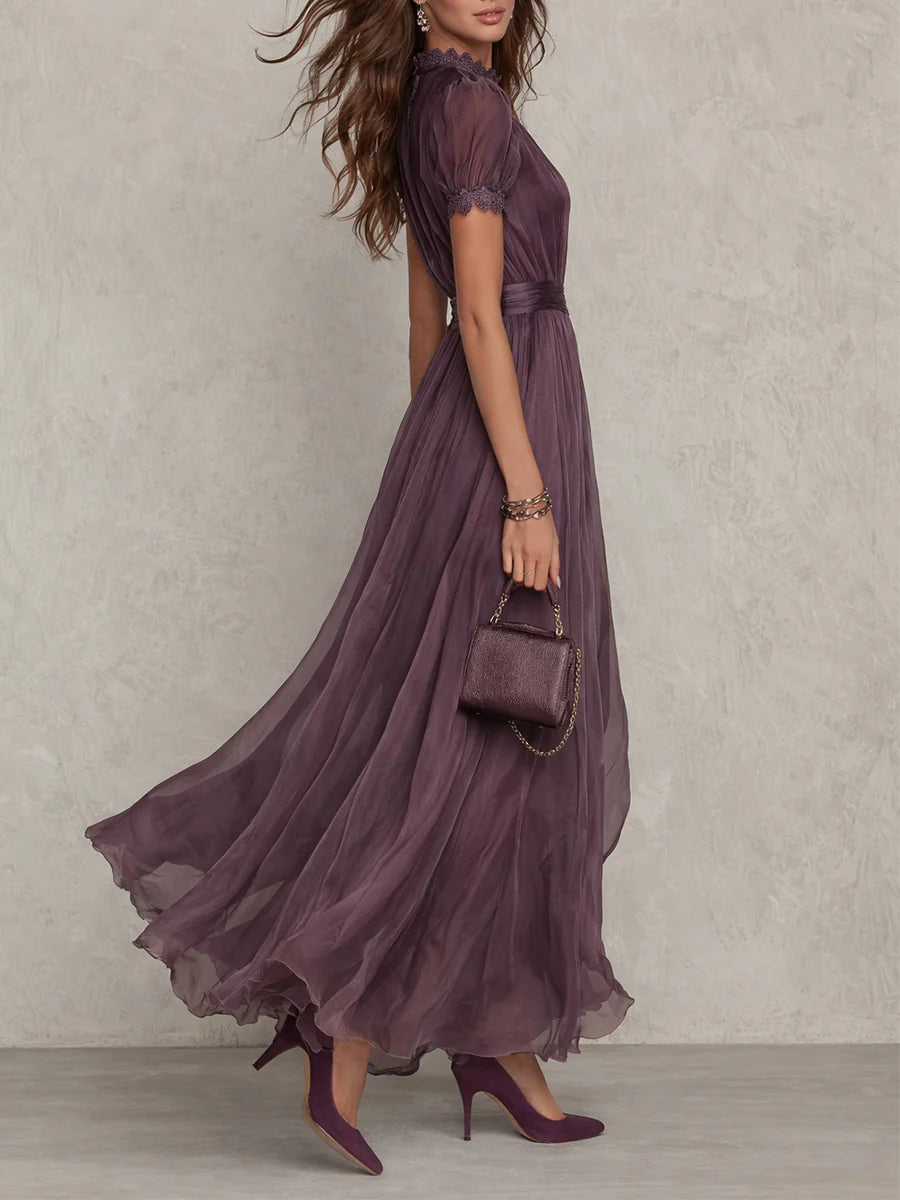 Philippa - Purple Keyhole Neckline Chiffon Lace Trim Maxi Dress